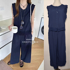 批发2025夏款小个子韩系休闲简约气质木耳边拼接马甲+阔腿裤两件套女