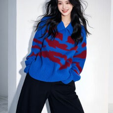 批发商场撤柜超好看内搭上衣宝蓝色撞色polo领宽松加厚针织毛衣女春