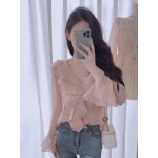 批发粉色氛围感荷叶边v领衬衫女2025早秋新款法式甜美超好看单穿上衣