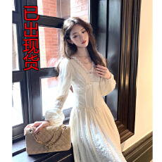 批发Acaine长款v领收腰长袖雪纺连衣裙女秋季法式复古气质显瘦a字裙子