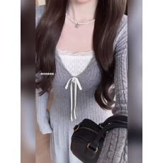 批发松本丧丧秋冬新款韩系简约长袖针织裙假两件气质掐腰显瘦连衣裙女