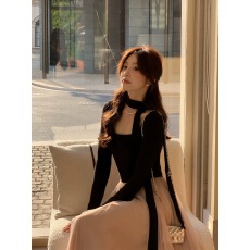 批发Even一雯干枯玫瑰韩系高智法式千金感<b class='q'>撞色</b>拼接收腰长袖<b class='q'>连衣裙</b>