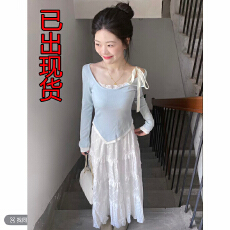 批发甜末末 秋冬新款纯欲温柔<b class='q'>不规则</b>显瘦撞色假两件T恤显白蓝色上衣女