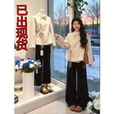 批发秋冬搭配一整套韩系穿搭小香风<b class='q'>蕾丝</b>蝴蝶结毛呢外套休闲裤两件套装