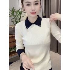 批发2025秋冬<b class='q'>新款</b>韩式休闲风撞色翻领钮扣毛针织衫女修身显瘦洋气上衣