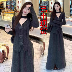 批发气质穿搭长裙一整套2025<b class='q'>秋</b>冬季女立体花朵飘带针织衫半身裙两件套