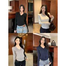 批发MosesQueen魔西女王黑色麻花针织衫女秋冬季内搭毛衣修身V领上衣