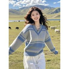批发灰蓝色V领宽松毛衣外套女冬季新款今年流行爆款针织衫小个子上衣