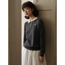 批发半芍日系文艺复古撞色套头翻领针织衫女小个子黑灰色显瘦毛衣上衣