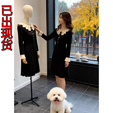 批发法式千金风娃娃领<b class='q'>连衣裙</b>女2025秋冬季显瘦赫本风加厚高级感小黑裙