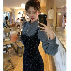 批发一生罗曼海兰花秋冬法式设计感碎花<b class='q'>假两件</b>拼接长袖<b class='q'>连衣裙</b>