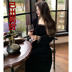 批发邓六六法式复古收腰显瘦方领黑色金丝绒连衣裙女<b class='q'>秋</b>冬赫本风小黑裙