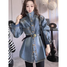 批发美式金扣立领加绒牛仔外套女2025秋冬季欧货宽松配腰带加厚衬衫