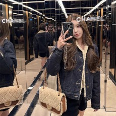 批发早安樊樊 原牛色明线加绒牛仔外套女冬复合仿羊羔毛加厚保暖上衣