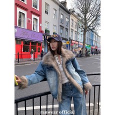 批发Ranwear 新一轮时髦定义 复古做旧水洗牛仔环葆皮草夹棉外套