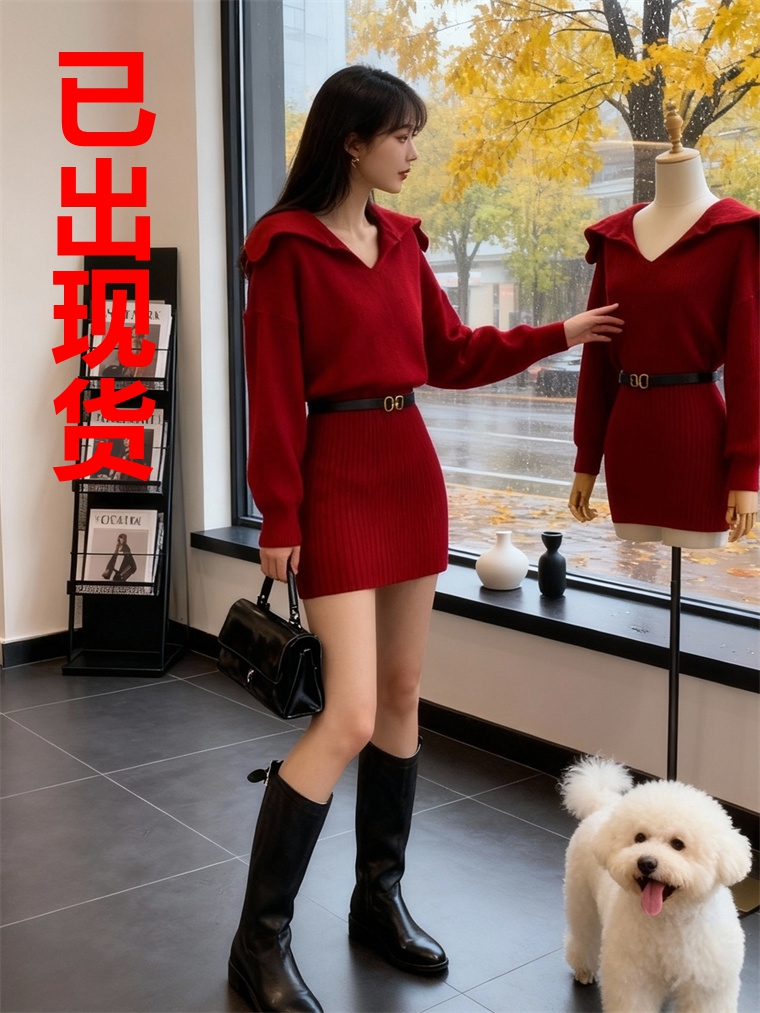 MY15476# 复古红港风针织连衣裙新款高级感翻领收腰设计感毛衣裙女裝貨...