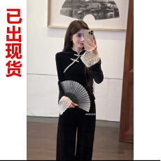 批发民国大小姐2026新款冬季新中式温柔黑色<b class='q'>丝绒</b>轻熟风两件套A330