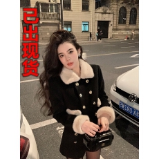 批发美式复古毛毛领拼接呢子<b class='q'>外套</b>女小众设计短款呢子西装高腰半裙套装