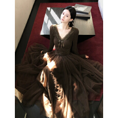 批发从一时刻木上痕清冷感假两件连衣裙V领蕾丝拼接<b class='q'>网纱</b>大摆<b class='q'>长裙</b>