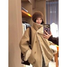 批发<b class='q'>夏</b>诗文 拼接环保仿羊羔绒绗棉派克服女冬大翻领宽松落肩工装外套