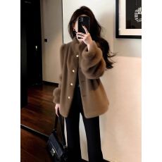 批发咖色立领毛绒外套女冬高端时髦洋气独特漂亮巨好看小香风上衣厚