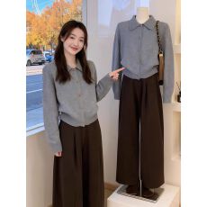 批发灰色翻领针织开衫女2025年秋冬<b class='q'>韩版</b>小金扣气质修身显瘦超好看外套