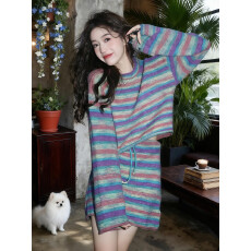 批发彩虹条纹一整套穿搭女秋冬新款氛围感韩版显瘦洋气百搭短裙两件套