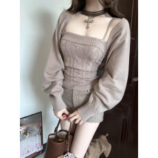 批发灯笼袖绞花吊带背心女新款设计感韩系软糯百搭披肩开衫针织两件套