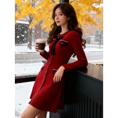 批发韩国2025秋冬新款针织连衣裙女慵懒风<b class='q'>甜美</b>收腰显瘦加厚毛衣裙子女