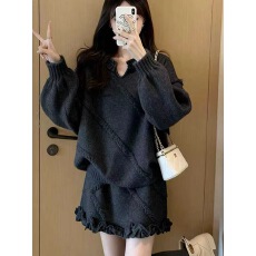 批发2025年慵懒风毛衣套装女深冬穿搭针织上衣半身裙两件套<b class='q'>大码</b>套装