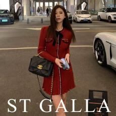 批发赵丽颖蝴蝶结小香风针织<b class='q'>连衣裙</b>毛衣裙女酒红色领证订婚宴会礼服裙