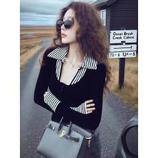 批发小香风<b class='q'>条纹</b>拼接假两件针织<b class='q'>打底衫</b>女2025新款秋冬修身内搭别致上衣