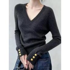 批发新款2025秋冬季复古深灰色V领羊毛针织衫修身显瘦毛衣女