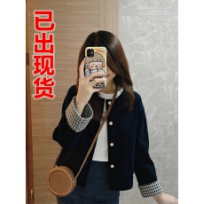 批发2026秋季新款高级感气质复古格子拼接夹克藏蓝色灯芯绒外套女秋<b class='q'>冬</b>