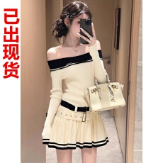 批发韩系性感一字肩针织连衣裙女收腰高级感修身显瘦气质短裙子秋<b class='q'>冬</b>