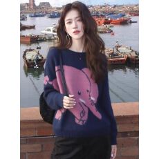 批发秋冬复古慵懒风蓝色大象毛衣针织衫女设计感小众宽松显瘦长袖<b class='q'>上衣</b>