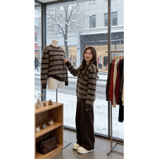 批发2025秋冬复古洋气清冷感慵懒风宽松撞色<b class='q'>条纹</b>毛衣裤子<b class='q'>套装</b>两件套