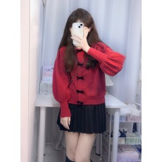 批发圣诞风泡泡袖毛衣女2025新款蝴蝶结洋气<b class='q'>长袖</b>上衣百褶半身裙<b class='q'>两件套</b>