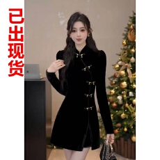 批发YUANLIANSU圆脸酥心事信笺新中式国风盘扣立领丝绒连衣裙<b class='q'>女装</b>