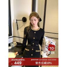 批发DPLAY黑色轻奢气质长袖连衣裙女2025<b class='q'>秋</b>冬新款修身针织裙子小黑裙