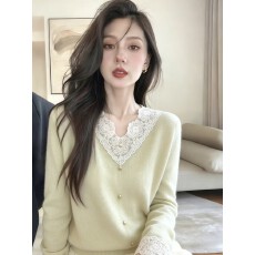 批发韩系千金风高级感拼接蕾丝针织打底衫上衣女秋冬漂亮内搭套头毛衣