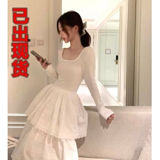 批发板栗可可温柔气质白色打底<b class='q'>连衣裙</b>女初秋季新款芭蕾风长袖蛋糕裙