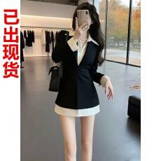 批发韩系时尚气质黑色<b class='q'>假两件</b><b class='q'>连衣裙</b>女早秋新款掐腰显瘦设计高级感裙子