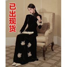 批发暗香富家千金风黑色小香丝绒套装裙立体花朵小个子高级感气质长裙