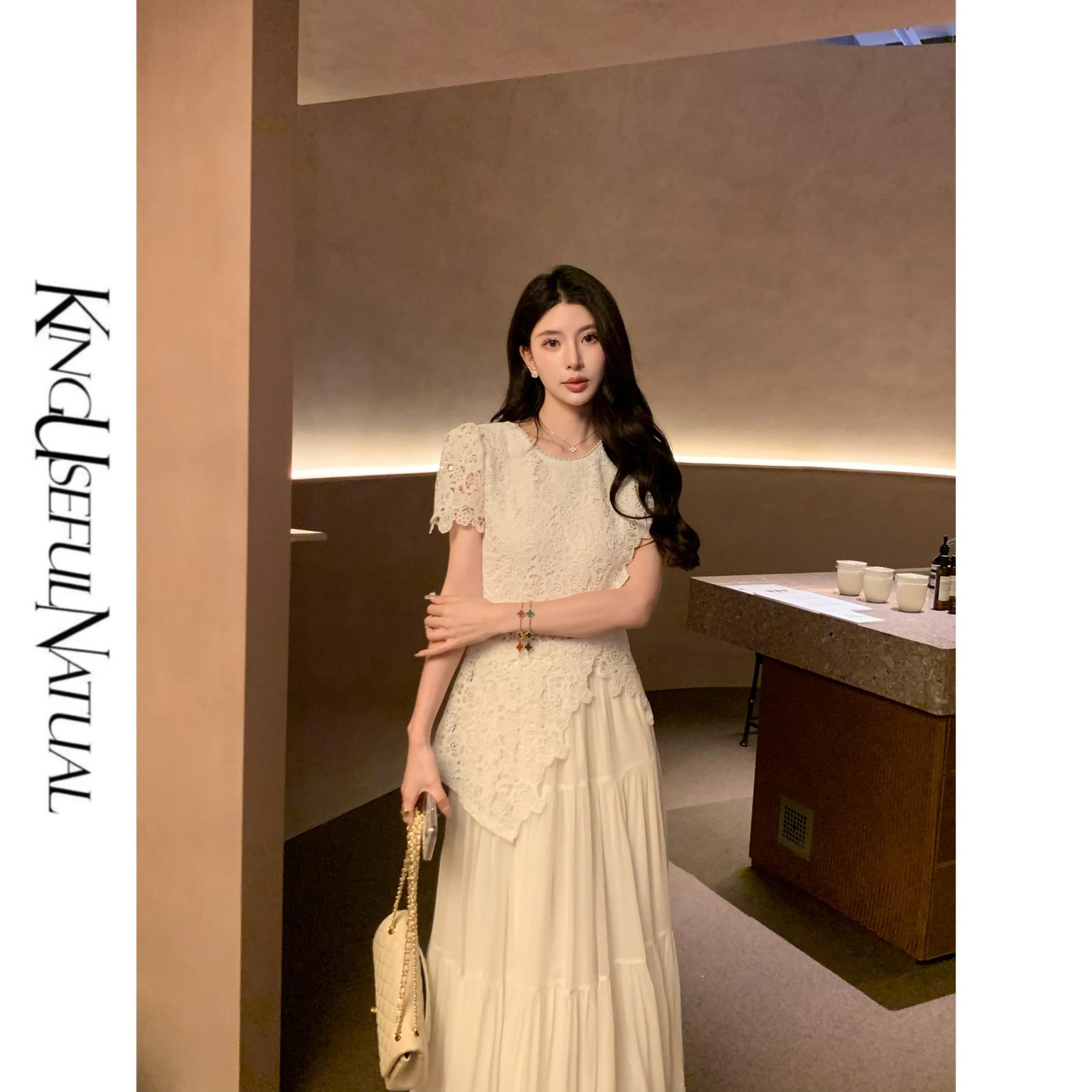 꽃 홀로우 아웃 레이스 불규칙 디스플레이 커브 유럽 만약 바람 맨위 롱 스커트 세트