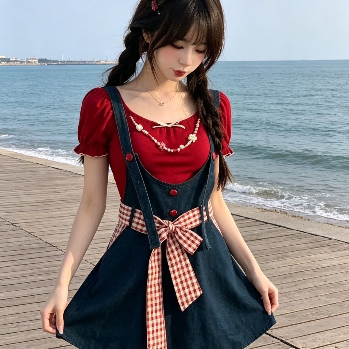 한 부서 달콤한 자매 귀여운 학원 스타일 나비 매듭 스트랩 멜빵 바지 여자 학생 빨간색 몸매 가꾸기 맨위 투피스 세트