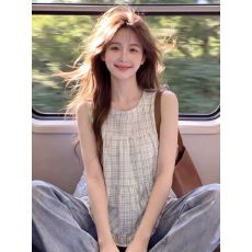 批发百搭韩系复古风撞色格子系带背心衬衫夏季宽松显瘦无袖<b class='q'>裙摆</b>上衣女