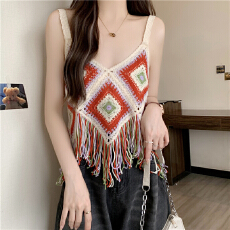 批发实拍-2026波西米亚<b class='q'>镂空</b><b class='q'>罩衫</b>短款流苏<b class='q'>针织</b>吊带背心民族风上衣夏