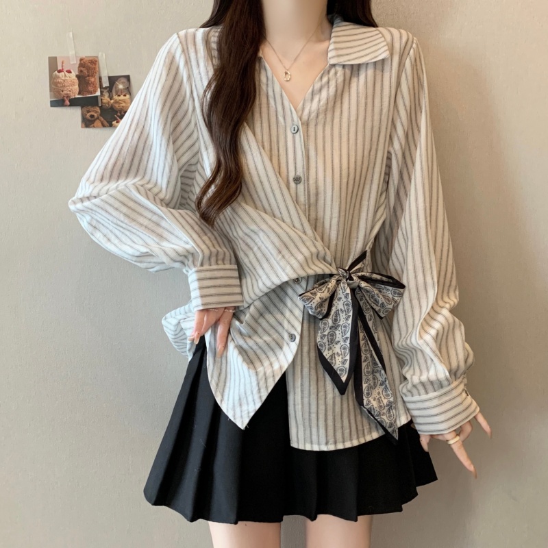 MY14028# 新款休闲百搭系带上衣韩版气质不规则白色衬衫女女裝貨源服裝批發