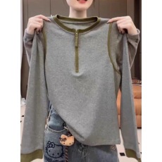 批发撞色半拉链<b class='q'>长袖</b><b class='q'>T</b><b class='q'>恤</b>女秋季新款胖MM显瘦设计感百搭打底衫上衣女